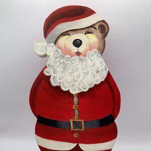 Hand Painted Jolly Christmas Bear 11" Wooden Figurine Holiday Decor Made in USA